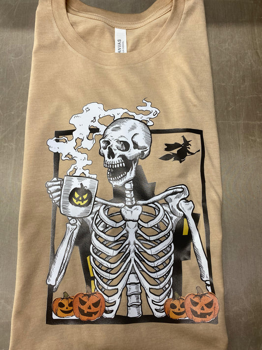 Skellie with coffee Halloween